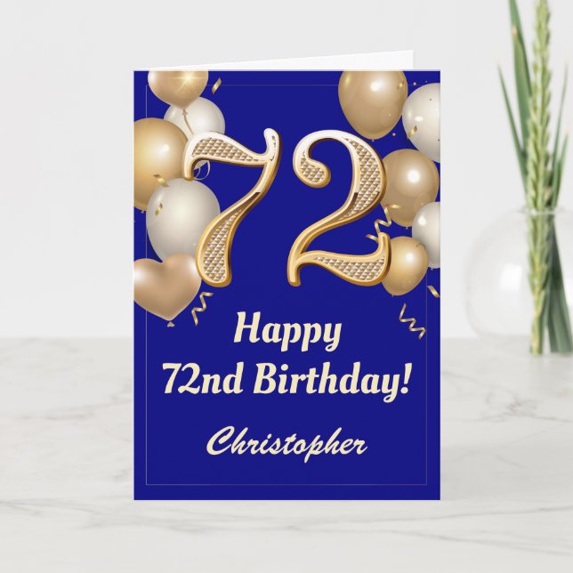 72nd Birthday Navy Blue and Gold Balloons Confetti Card (Front)