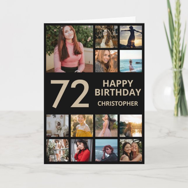 72nd Birthday Photo Collage 13 Photos Black & Gold Card (Front)