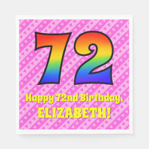 72nd Birthday: Pink Stripes & Hearts, Rainbow # 72 Napkin