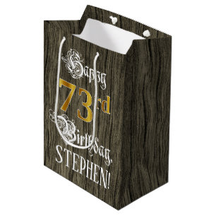 73rd Birthday: Faux Gold Look & Faux Wood Pattern Medium Gift Bag