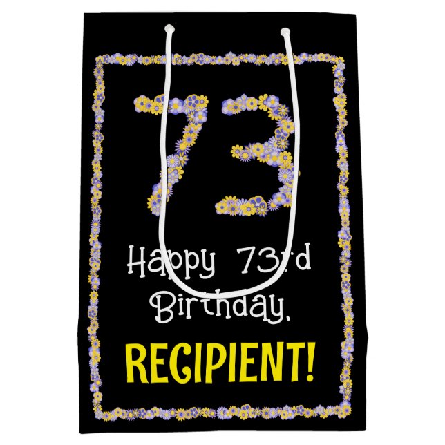 73rd Birthday: Floral Flowers Number, Custom Name Medium Gift Bag (Back)