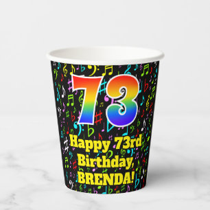 73rd Birthday: Fun Music Notes Pattern, Rainbow 73 Paper Cups