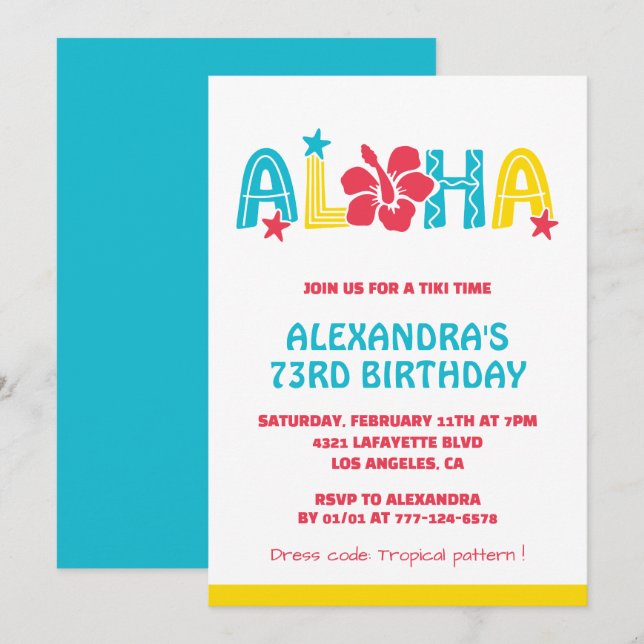73rd birthday invitations Tropical Aloha Hawaiian (Front/Back)