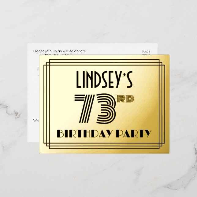 73rd Birthday Party ~ Art Deco Style “73” + Name Foil Invitation Postcard (Front/Back)