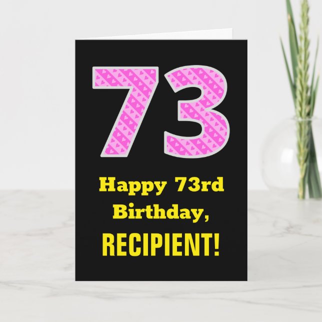 73rd Birthday: Pink Stripes and Hearts "73" + Name Card (Front)