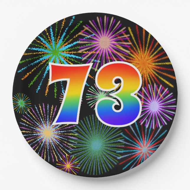 73rd Event - Fun, Colourful, Bold, Rainbow 73 Paper Plate (Front)