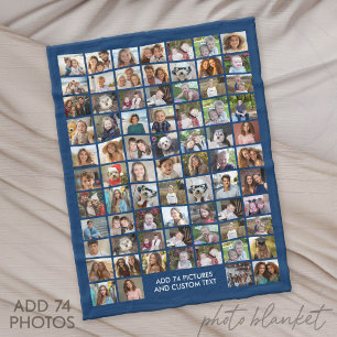 74 Photo Collage Grid - Custom Text - Black Fleece Blanket