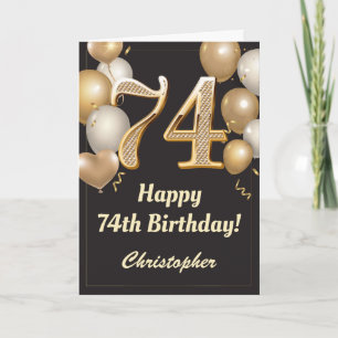 74th Birthday Black and Gold Balloons Confetti Card