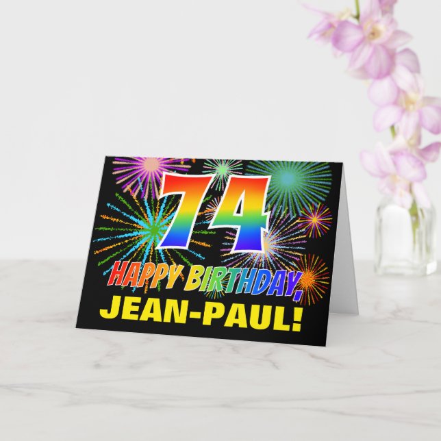74th Birthday: Bold, Fun, Fireworks, Rainbow 74 Card (Orchid)
