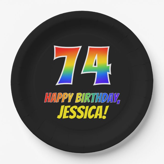 74th Birthday: Bold, Fun, Simple, Rainbow 74 Paper Plate (Front)