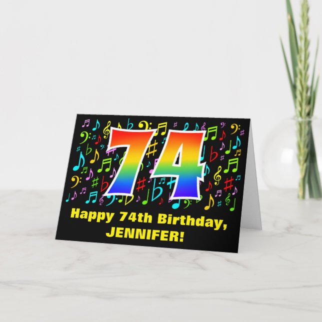 74th Birthday: Colorful Music Symbols & Rainbow 74 Card (Front)