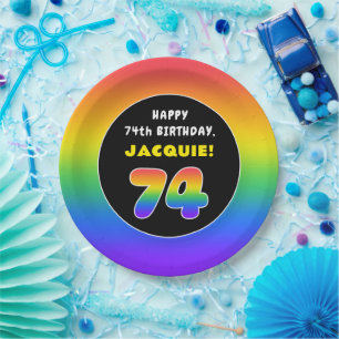 74th Birthday: Colourful Rainbow # 74, Custom Name Paper Plate