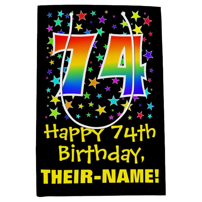 74th Birthday: Colourful Stars Pattern & Rainbow 7 Medium Gift Bag (Front)