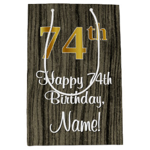 74th Birthday: Elegant Faux Gold Look #, Faux Wood Medium Gift Bag