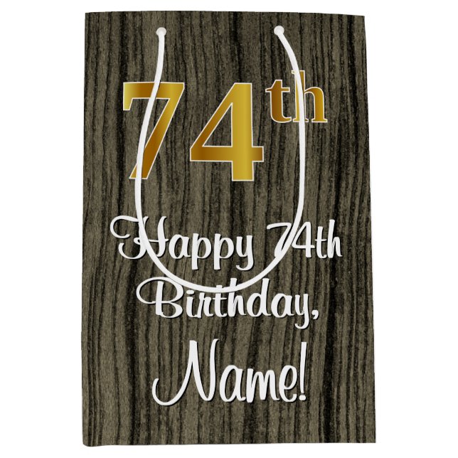 74th Birthday: Elegant Faux Gold Look #, Faux Wood Medium Gift Bag (Front)