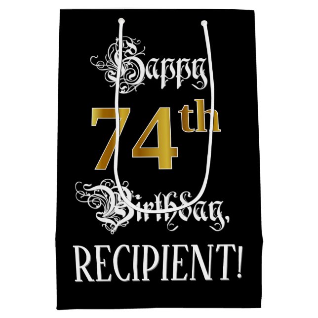 74th Birthday ~ Fancy Script; Faux Gold Look; Name Medium Gift Bag (Back)