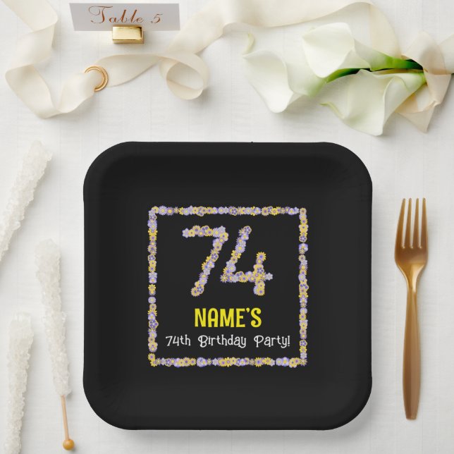 74th Birthday: Floral Flowers Number, Custom Name Paper Plate (Wedding)