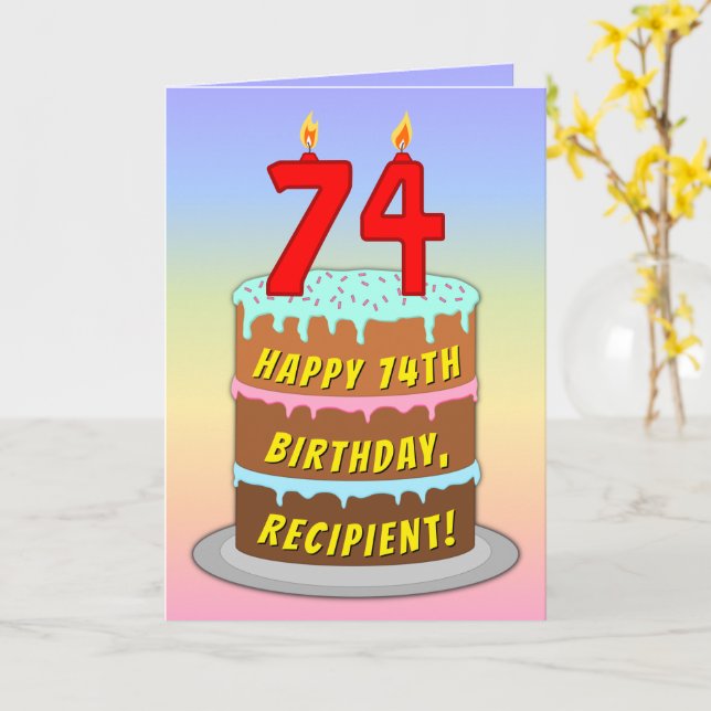 74th Birthday — Fun Cake & Candles, w/ Custom Name Card (Yellow Flower)