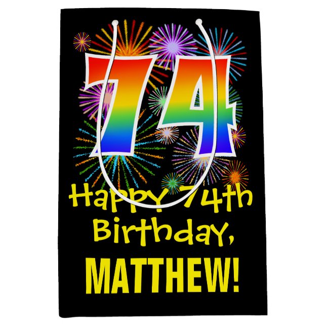 74th Birthday: Fun Fireworks Pattern + Rainbow 74 Medium Gift Bag (Front)