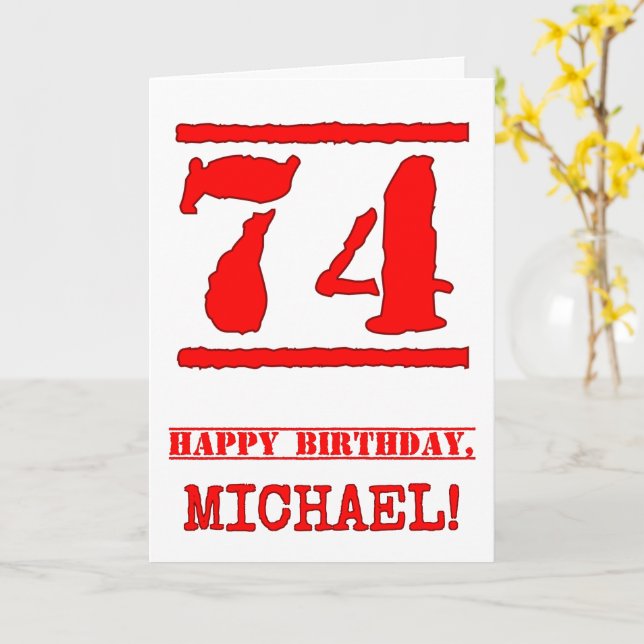 74th Birthday: Fun, Red Rubber Stamp Inspired Look Card (Yellow Flower)