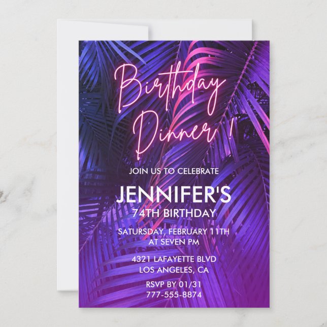 74th birthday invitations Pink Neon Tropical (Front)