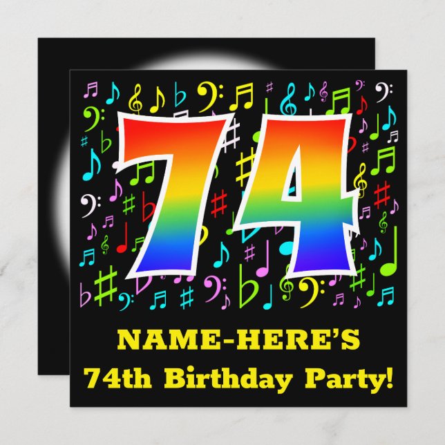 74th Birthday Party: Fun Music Symbols, Rainbow 74 Invitation (Front/Back)