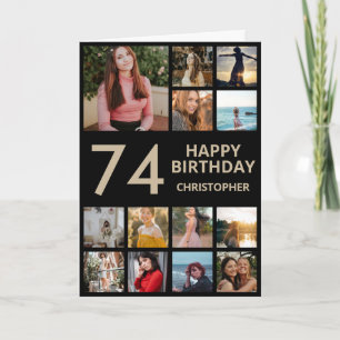 74th Birthday Photo Collage 13 Photos Black & Gold Card