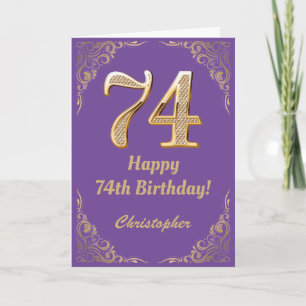 74th Birthday Purple and Gold Glitter Frame Card
