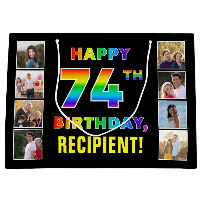 74th Birthday: Rainbow Text, Custom Photos & Name Large Gift Bag (Front)