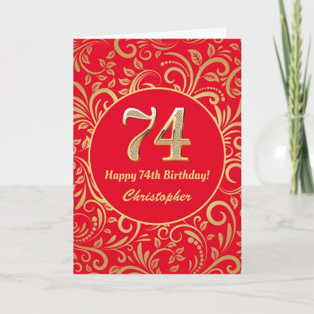 74th Birthday Red and Gold Floral Pattern Card (Front)