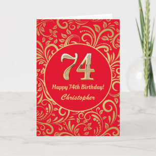 74th Birthday Red and Gold Floral Pattern Card