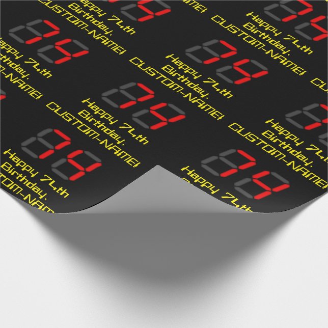 74th Birthday: Red Digital Clock Style "74" + Name Wrapping Paper (Corner)