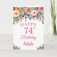 74th Birthday Watercolor Floral Flowers Pink Card