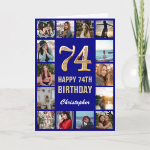 74th Happy Birthday Navy Blue & Gold Photo Collage Card