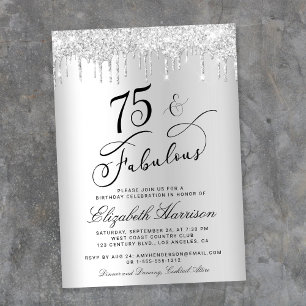 75 And Fabulous Silver Glitter Birthday Party Invitation