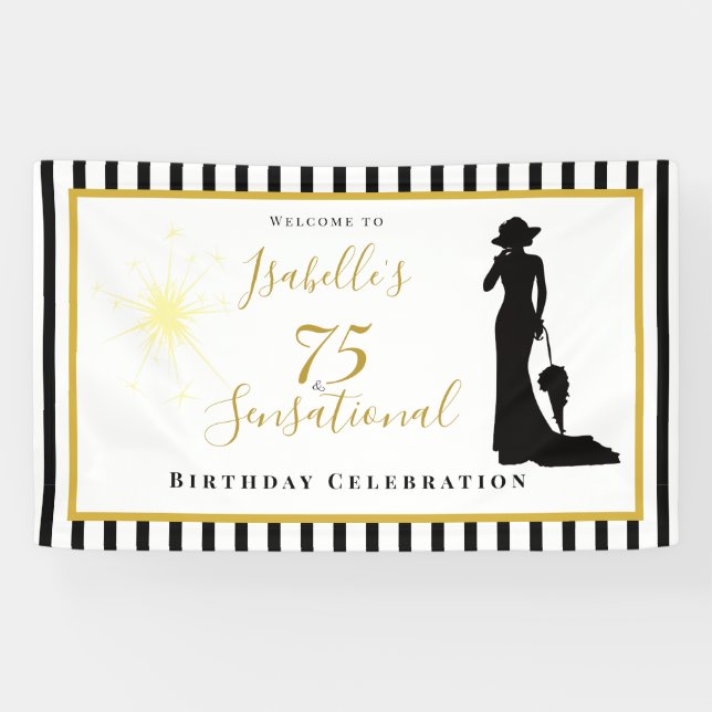 75 & Sensational Birthday Banner Black & Gold (Horizontal)