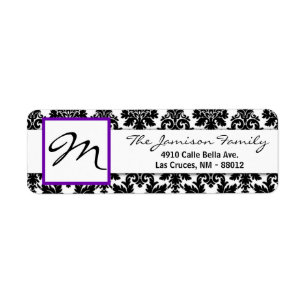 .75"x2.25" Return Address Label Black Purpl Damask