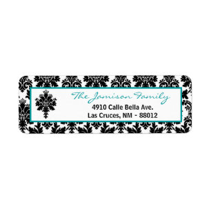 .75"x2.25" Return Address Label Black Teal Damask