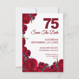 75 Years Elegant Bold Red Floral 75th Birthday Save The Date