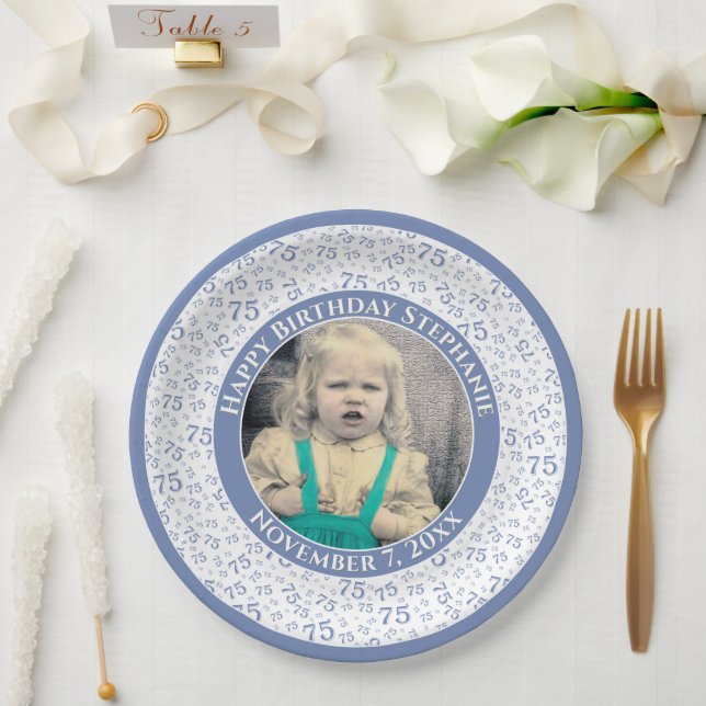 75 Your Photo Random Number Pattern Blue/White Paper Plate (Wedding)