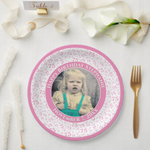75 Your Photo Random Number Pattern Pink/White Paper Plate