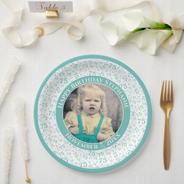 75 Your Photo Random Number Pattern Teal/White Paper Plate (Wedding)