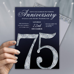 75th Anniversary Diamond Silver Navy Blue Modern Invitation