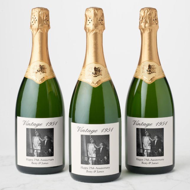 75th Anniversary Gift Personalized Wedding Photo Sparkling Wine Label (Bottles)