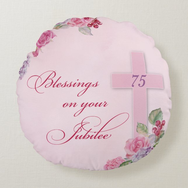 75th Anniversary of Religious Life Catholic Nun Round Cushion (Front)