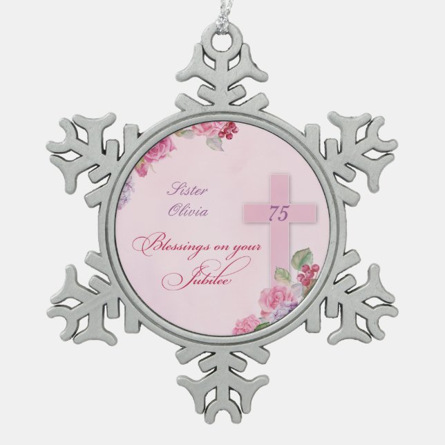 75th Anniversary of Religious Life Catholic Nun Snowflake Pewter Christmas Ornament (Front)