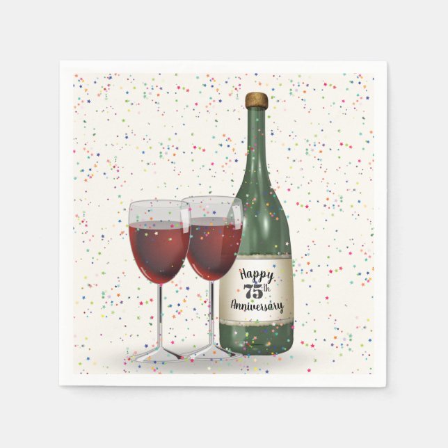 75th Anniversary Party Wine Bottle and Two Glasses Napkin (Front)