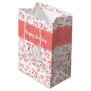 75th Biirthday Random Number Pattern Coral/White Medium Gift Bag