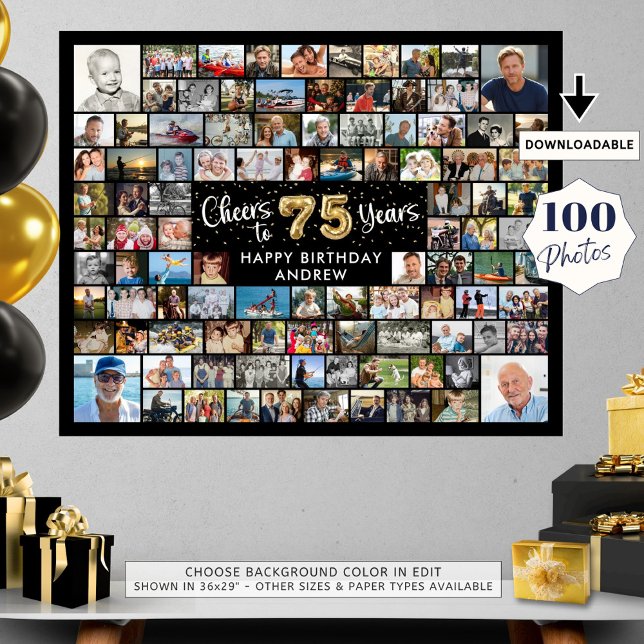 75th Birthday 100 Photos Black Gold Cheers To Year Poster (Creator Uploaded)