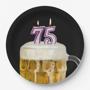 75th Birthday Beer on black Paper Plate